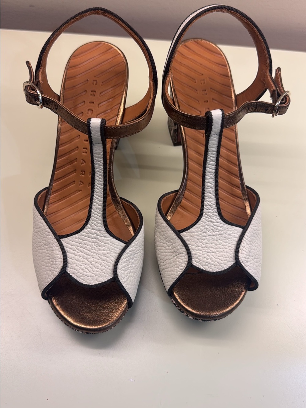 Chie Mihara White and Bronze T-Strap Leather Heels